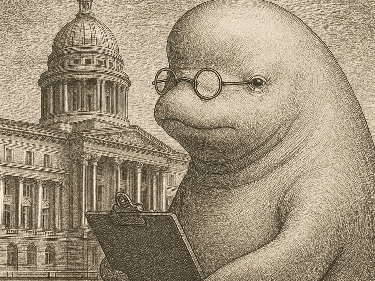 Etching of a beluga whale in spectacles holding a clipboard with the BelugaVista AEO/GEO scorechart, posed as an inspector before Singapore’s Supreme Court.